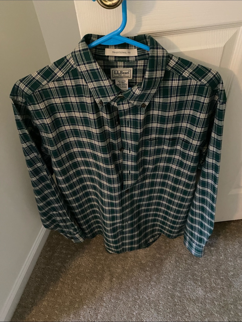 L.L. Bean Dark Green and White Plaid Button-Down Shirt